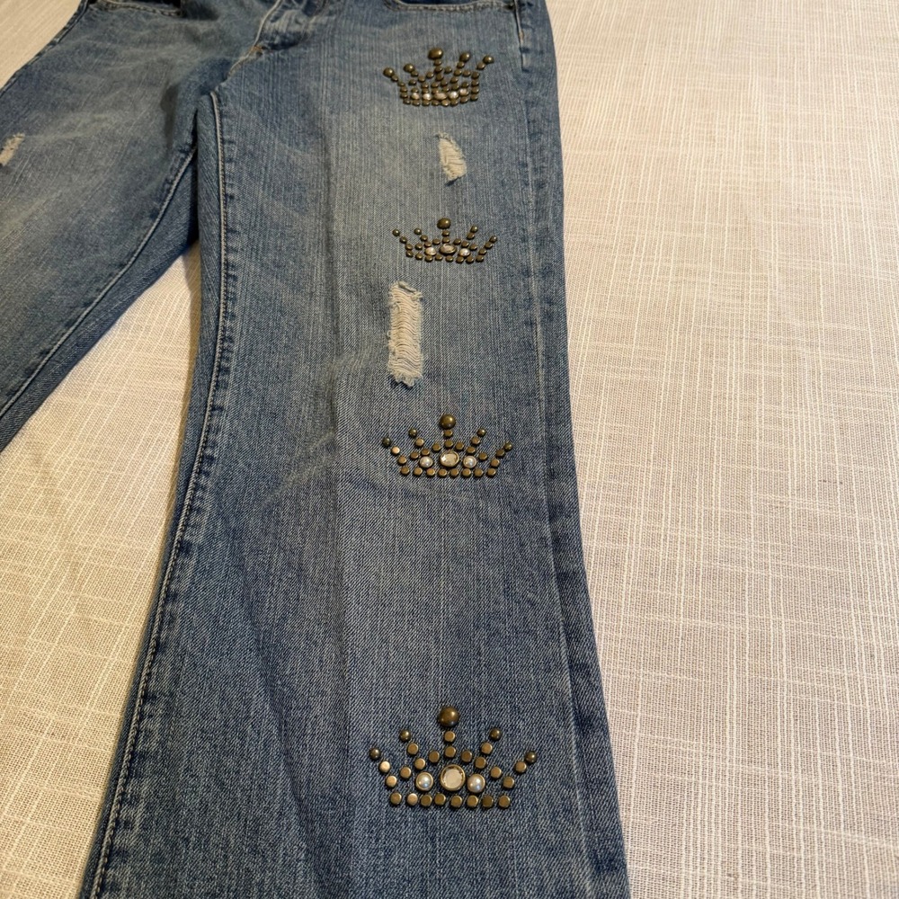 Ivy Jane Womens Medium Wash Studded Crown Rhinestone Distressed Jeans Size 6
